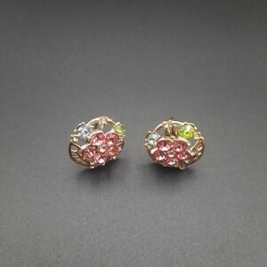 Vintage Floral Rhinestone Screw-Back‎ Earrings – Pink Flower Basket Design